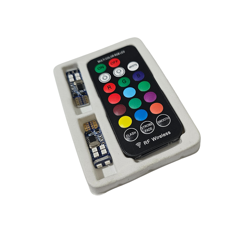 PAR BOMBILLOS COCUYOS T10 RGB BAYONETA + CONTROL INALÁMBRICO