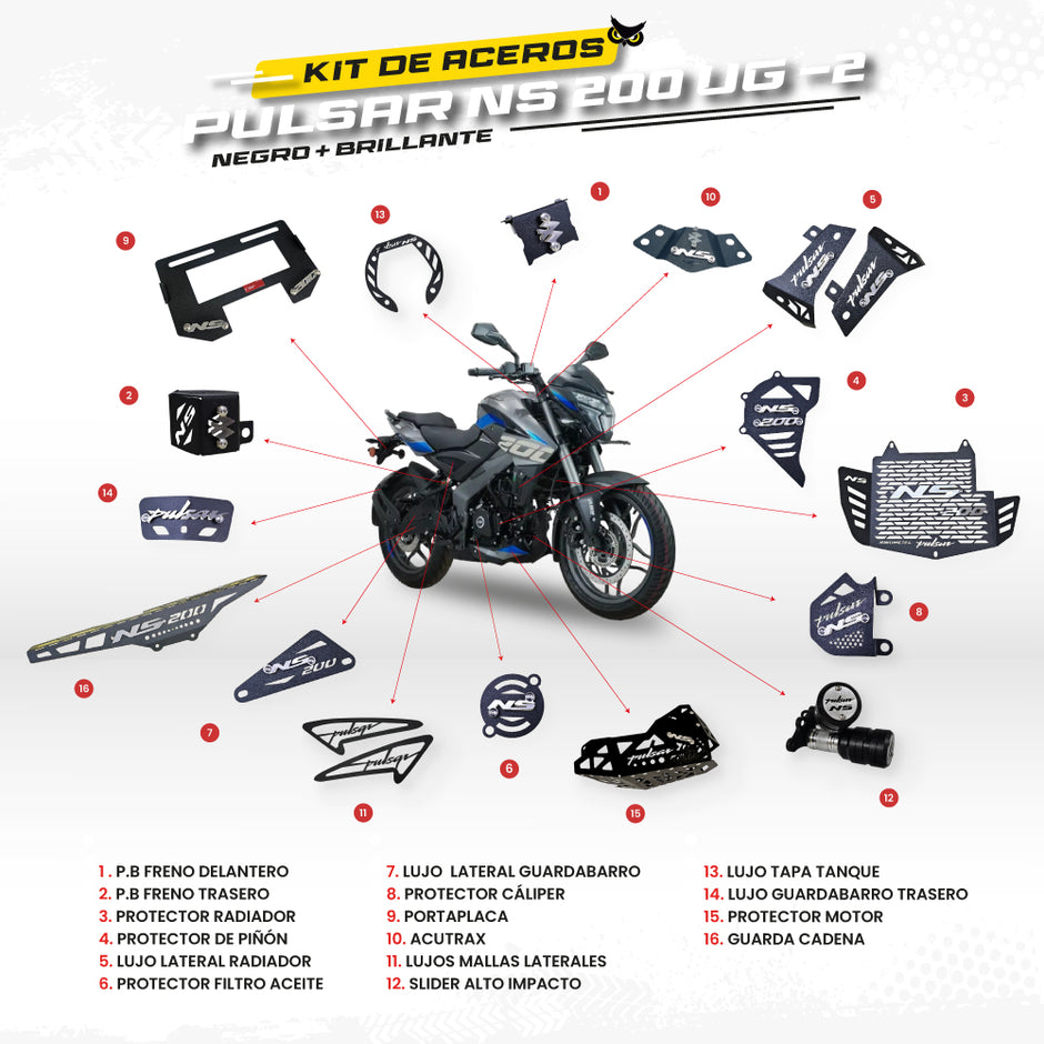 ARMADURA - KIT EN ACERO BAJAJ PULSAR NS 200 UG - 2 (CON BARRAS INVERTIDAS)