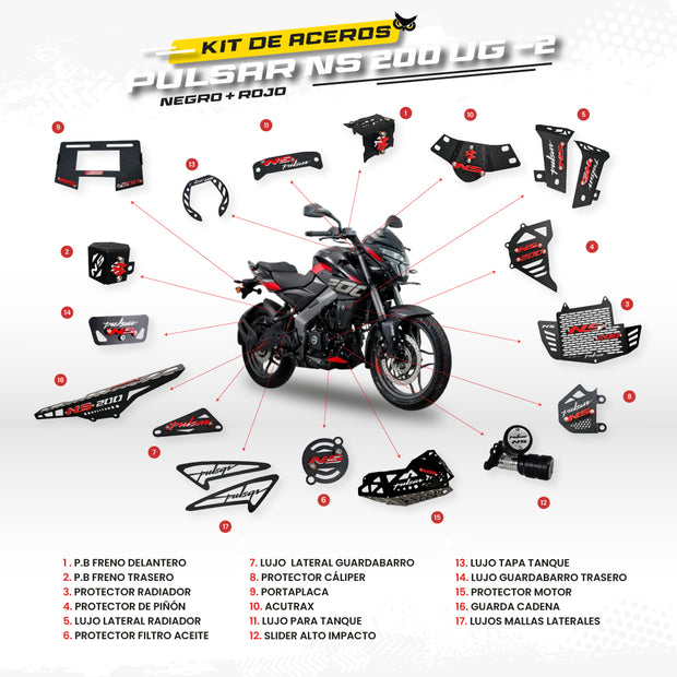 ARMADURA - KIT EN ACERO BAJAJ PULSAR NS 200 UG - 2 (CON BARRAS INVERTIDAS)